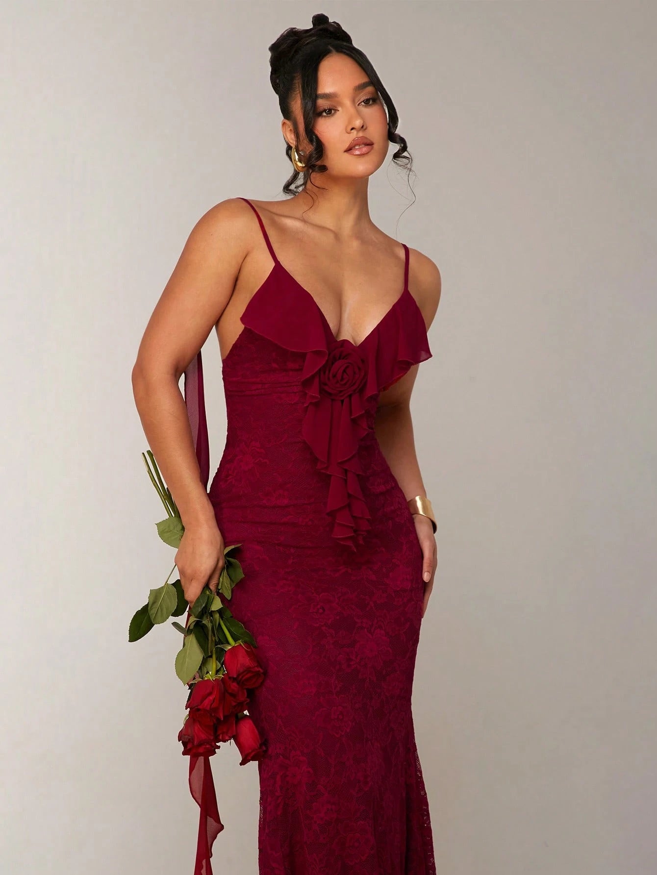 Silquee Women'S Elegant Romantic 3D Floral Decor Valentine'S Day / Vacation Sleeveless Dress with See-Through Lace Patchwork and Ruffle Hem