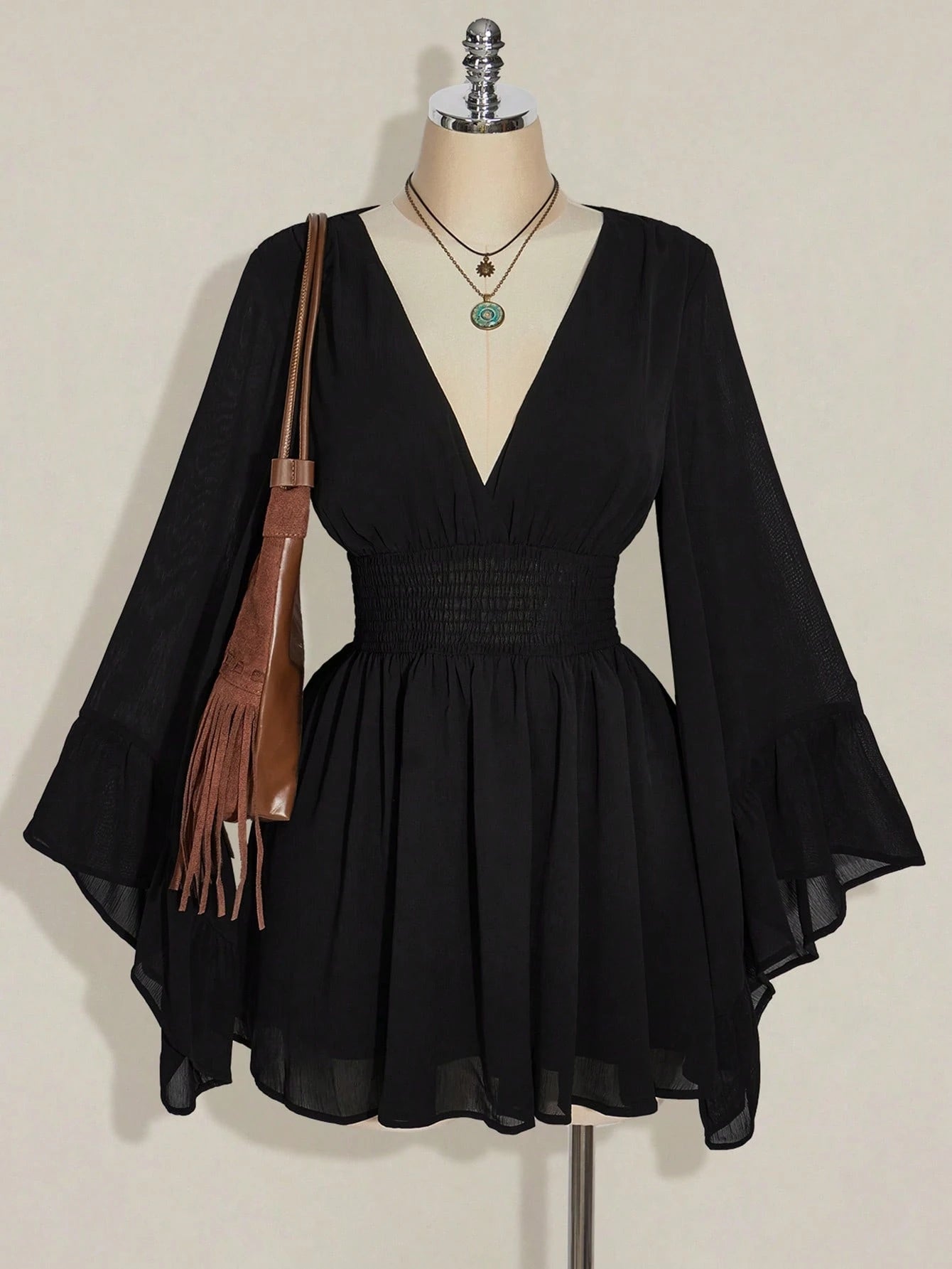 ICON plus Size V-Neck Ruched Waist A-Line Flare Sleeve Dress, Boho Hippie Y2K Style, Suitable for Summer, Nomadic Vibe, Summer Vacation, Music Festival, Graduation Season Back to School Clothes,Flowy Dress