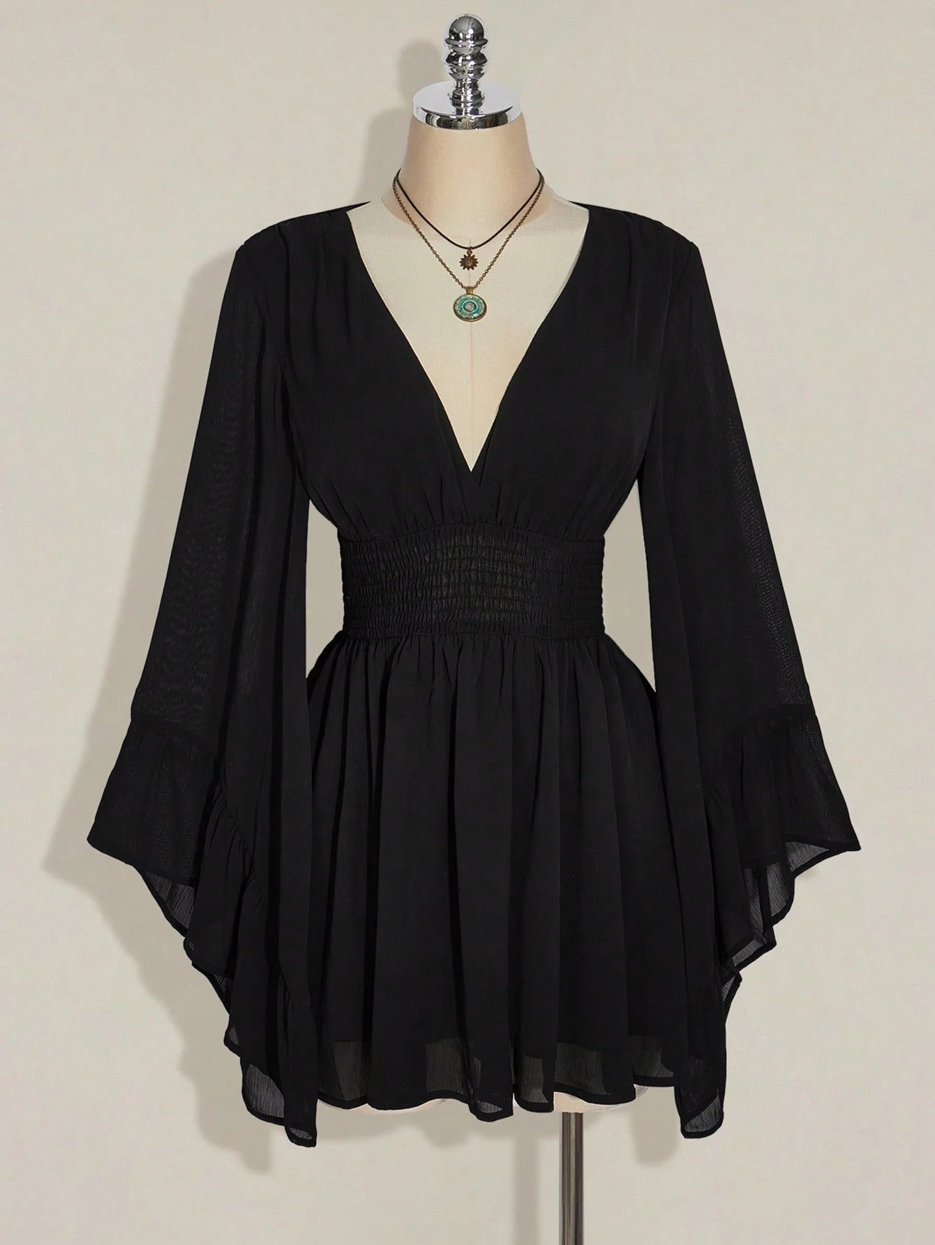 ICON plus Size V-Neck Ruched Waist A-Line Flare Sleeve Dress, Boho Hippie Y2K Style, Suitable for Summer, Nomadic Vibe, Summer Vacation, Music Festival, Graduation Season Back to School Clothes,Flowy Dress