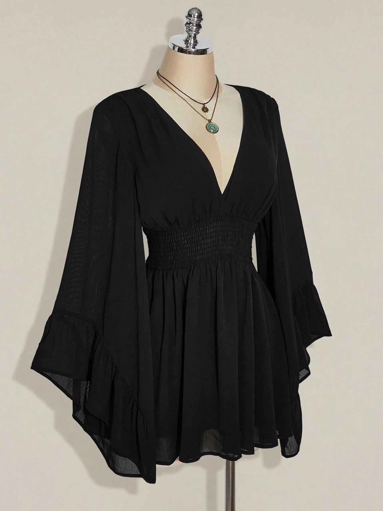 ICON plus Size V-Neck Ruched Waist A-Line Flare Sleeve Dress, Boho Hippie Y2K Style, Suitable for Summer, Nomadic Vibe, Summer Vacation, Music Festival, Graduation Season Back to School Clothes,Flowy Dress