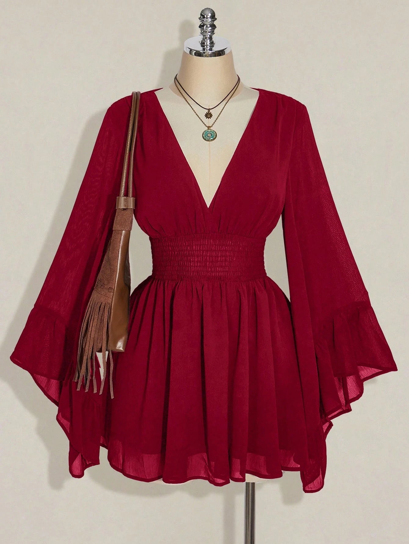 ICON plus Size V-Neck Ruched Waist A-Line Flare Sleeve Dress, Boho Hippie Y2K Style, Suitable for Summer, Nomadic Vibe, Summer Vacation, Music Festival, Graduation Season Back to School Clothes,Flowy Dress