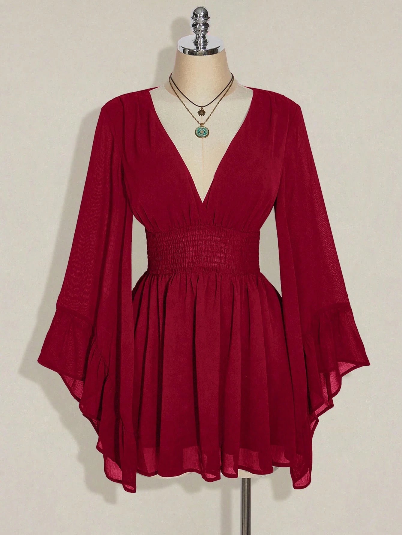 ICON plus Size V-Neck Ruched Waist A-Line Flare Sleeve Dress, Boho Hippie Y2K Style, Suitable for Summer, Nomadic Vibe, Summer Vacation, Music Festival, Graduation Season Back to School Clothes,Flowy Dress