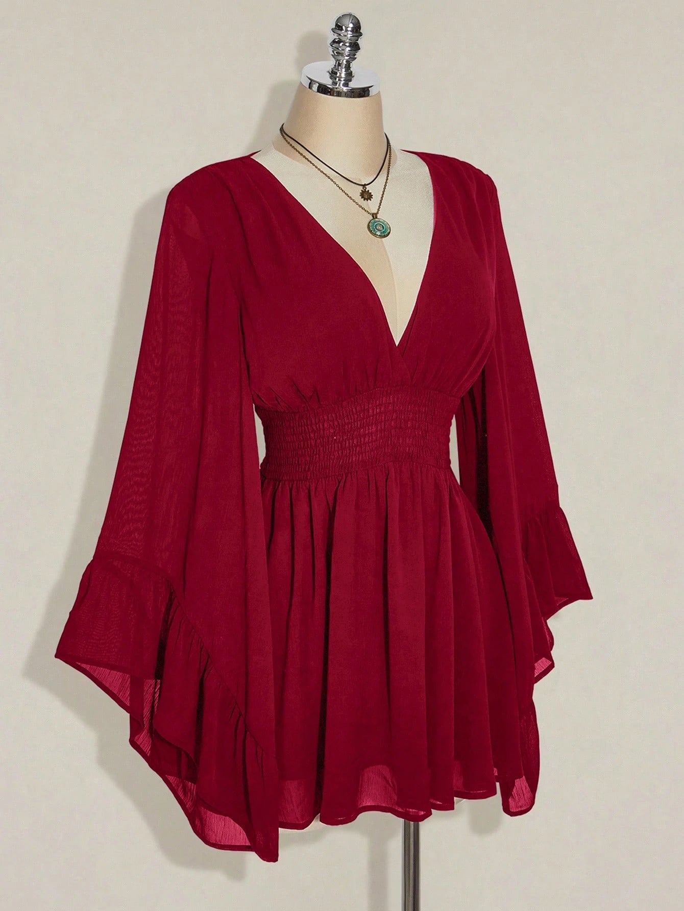 ICON plus Size V-Neck Ruched Waist A-Line Flare Sleeve Dress, Boho Hippie Y2K Style, Suitable for Summer, Nomadic Vibe, Summer Vacation, Music Festival, Graduation Season Back to School Clothes,Flowy Dress