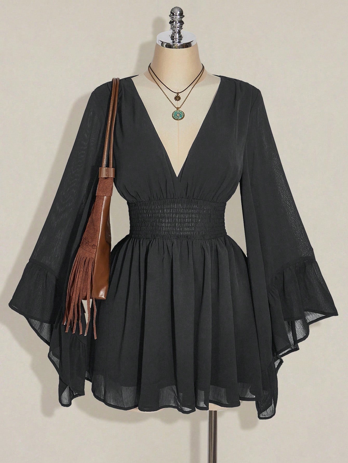 ICON plus Size V-Neck Ruched Waist A-Line Flare Sleeve Dress, Boho Hippie Y2K Style, Suitable for Summer, Nomadic Vibe, Summer Vacation, Music Festival, Graduation Season Back to School Clothes,Flowy Dress
