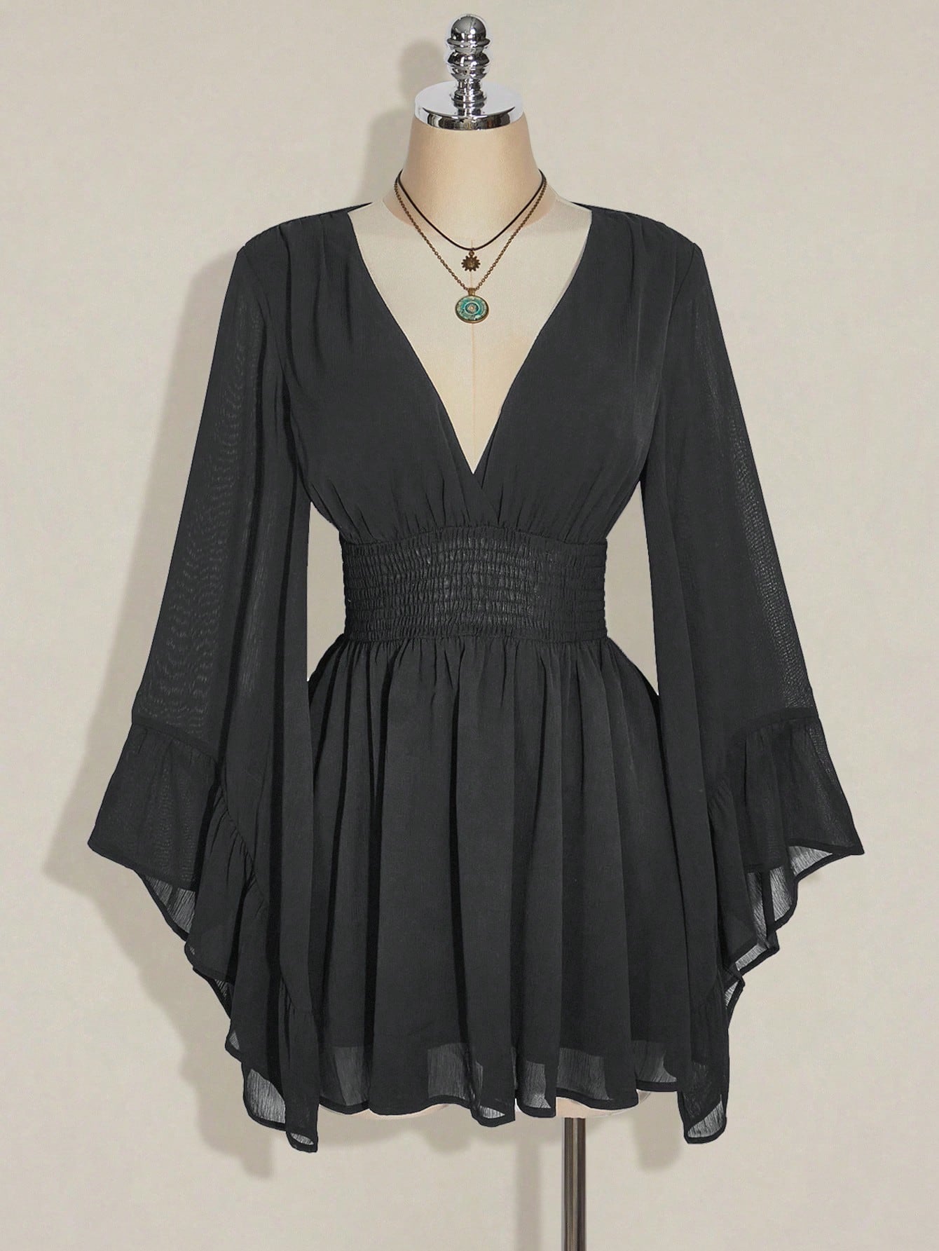 ICON plus Size V-Neck Ruched Waist A-Line Flare Sleeve Dress, Boho Hippie Y2K Style, Suitable for Summer, Nomadic Vibe, Summer Vacation, Music Festival, Graduation Season Back to School Clothes,Flowy Dress