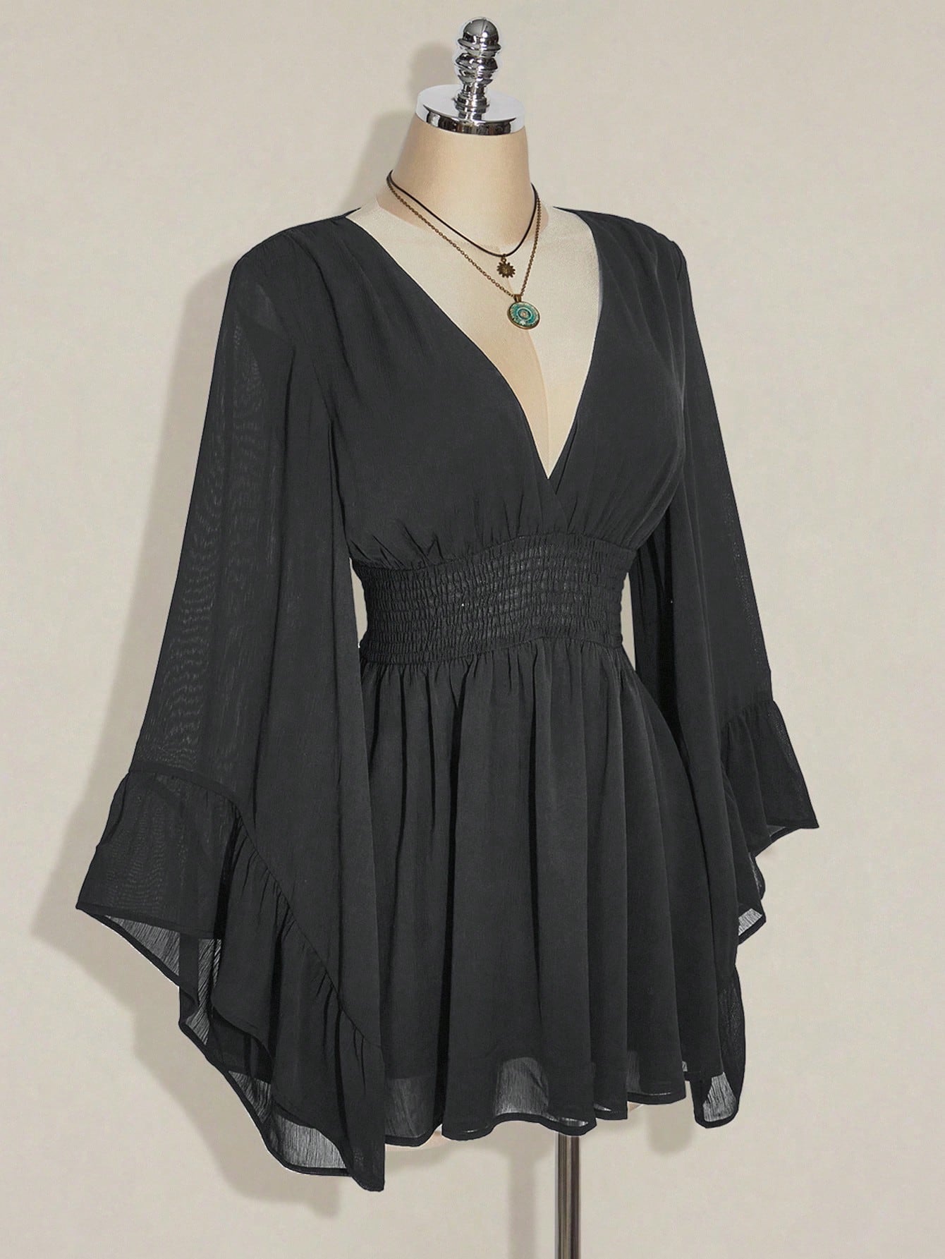 ICON plus Size V-Neck Ruched Waist A-Line Flare Sleeve Dress, Boho Hippie Y2K Style, Suitable for Summer, Nomadic Vibe, Summer Vacation, Music Festival, Graduation Season Back to School Clothes,Flowy Dress