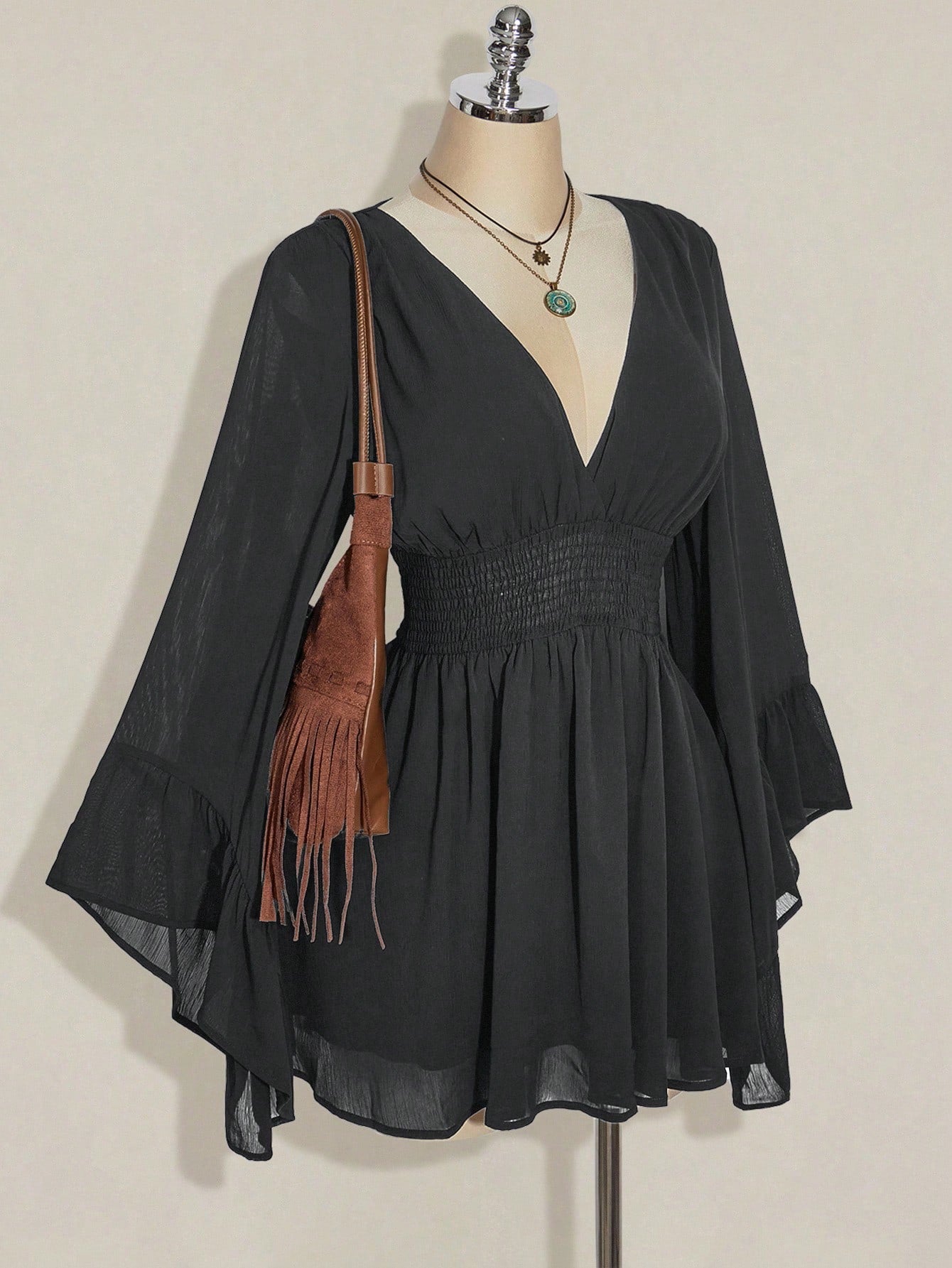 ICON plus Size V-Neck Ruched Waist A-Line Flare Sleeve Dress, Boho Hippie Y2K Style, Suitable for Summer, Nomadic Vibe, Summer Vacation, Music Festival, Graduation Season Back to School Clothes,Flowy Dress