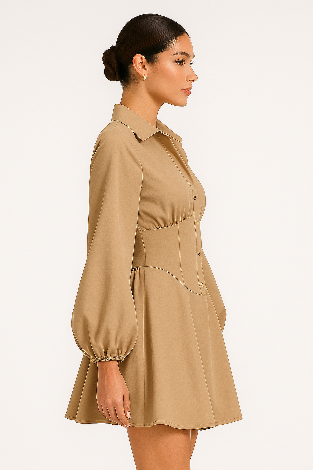 Khaki Puff Sleeve Shirt Dress