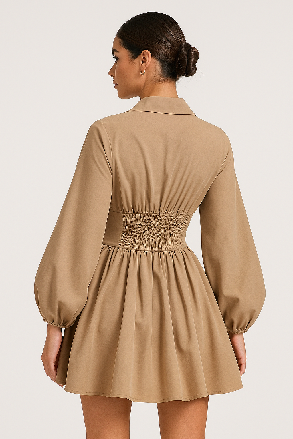 Khaki Puff Sleeve Shirt Dress