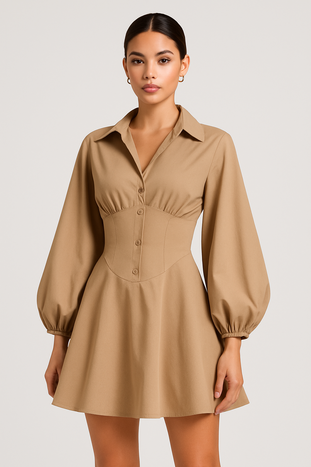 Khaki Puff Sleeve Shirt Dress