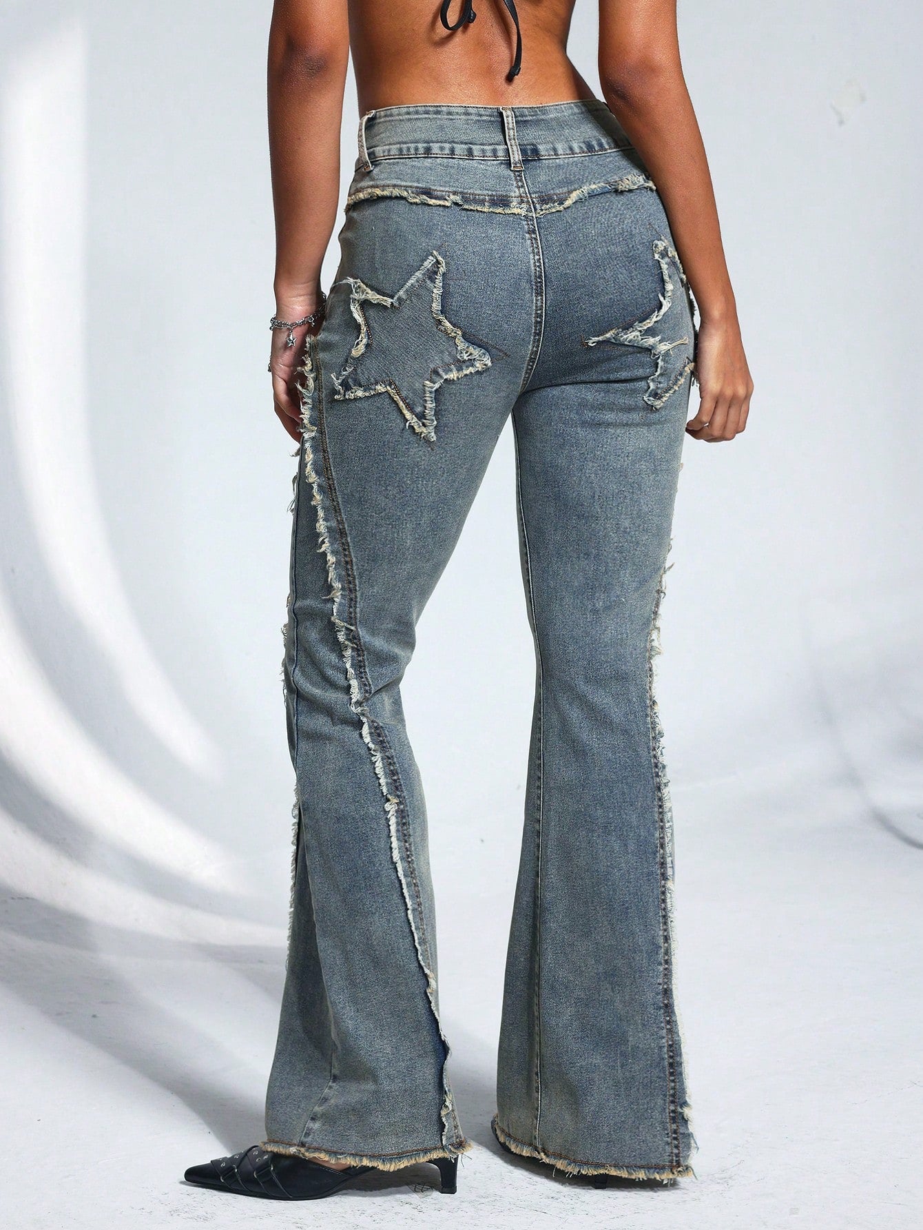 Casual denim Washed Frayed Edge Fitted Flared Jeans