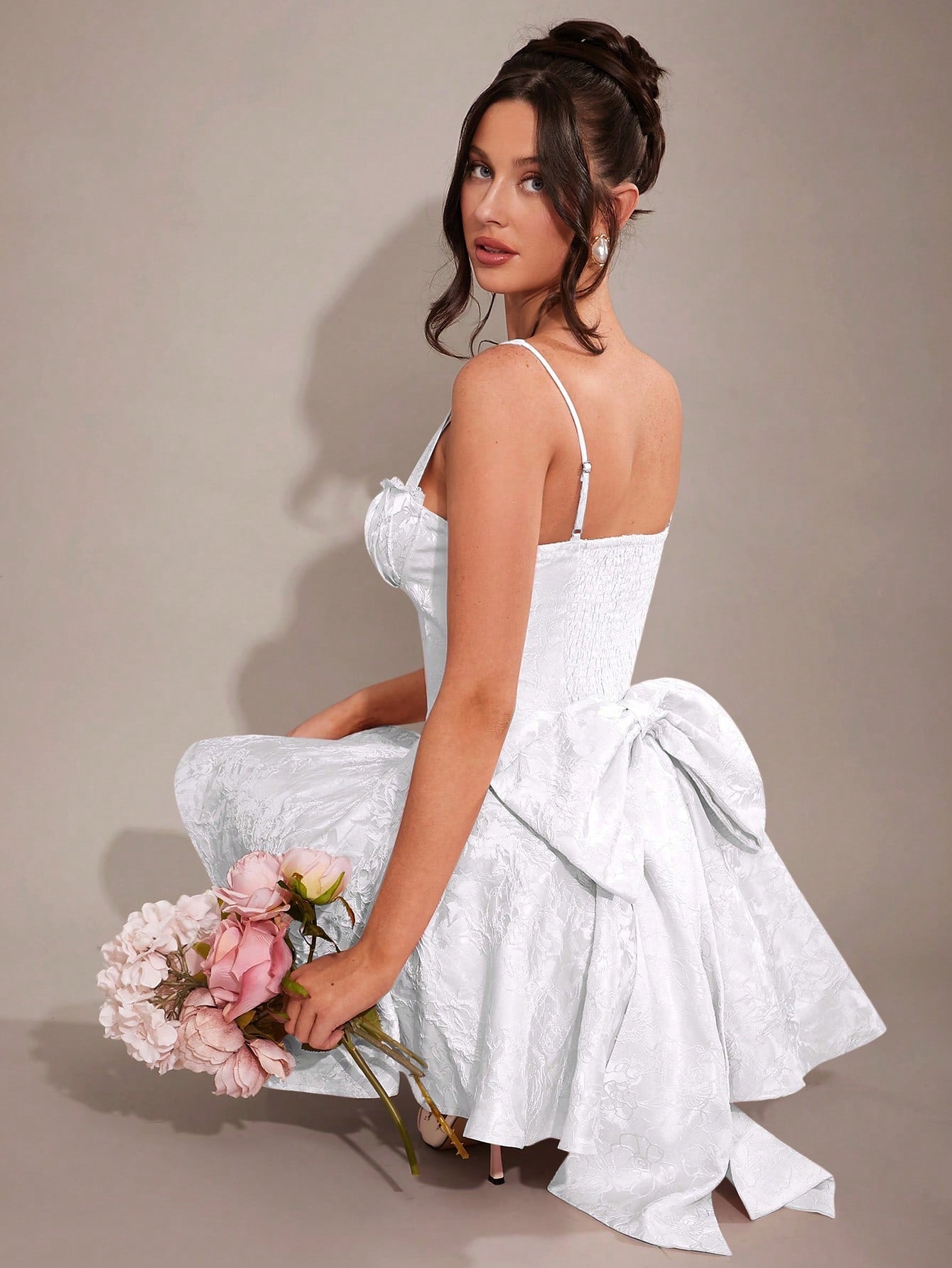 BAE Elegant Sweet Romantic Ruffled Lace Bow Decor Bodycon Skater Dress, Princess Dress, Valentine'S Day Dress, Party Dress, Date Night Dress, Bridesmaid Dress, Cocktail Dress, Work Dress, Pink Dress, Birthday Dress, Spring Autumn Winter Graduation Dresses for Women