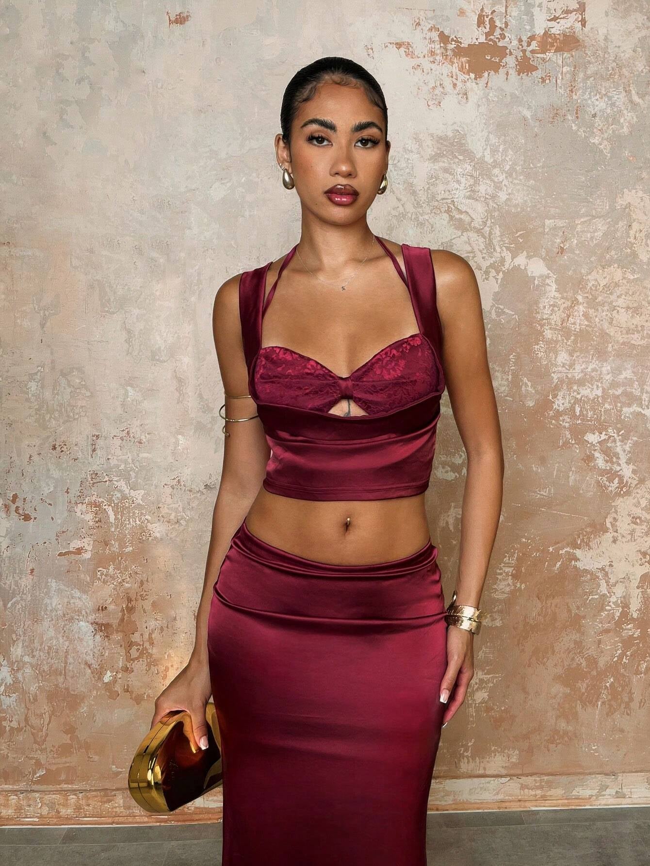 BAE 2Pcs/Set Women Solid Hollow Out Cropped Tank Top and Extra Long Mermaid Skirt Set