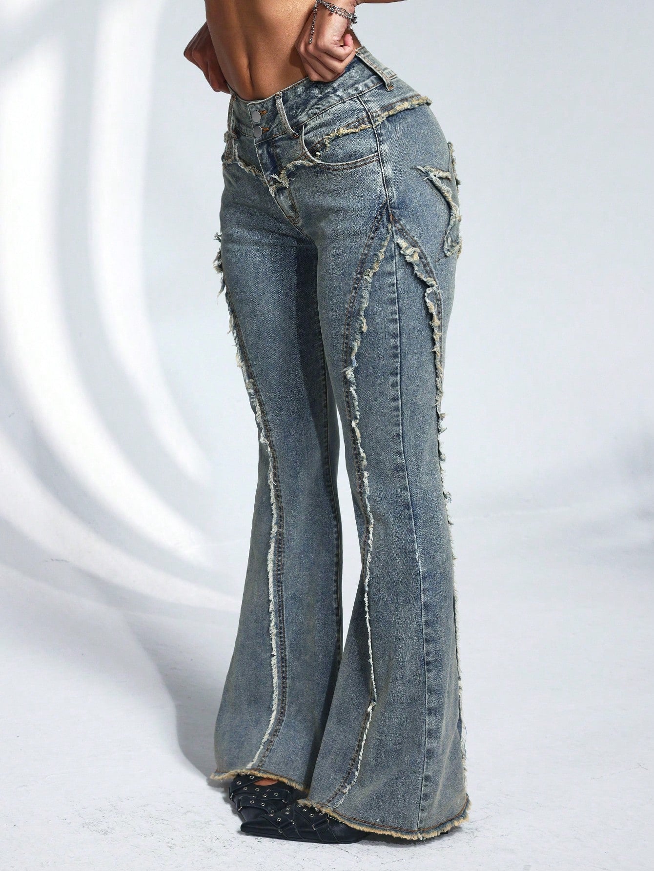 Casual denim Washed Frayed Edge Fitted Flared Jeans
