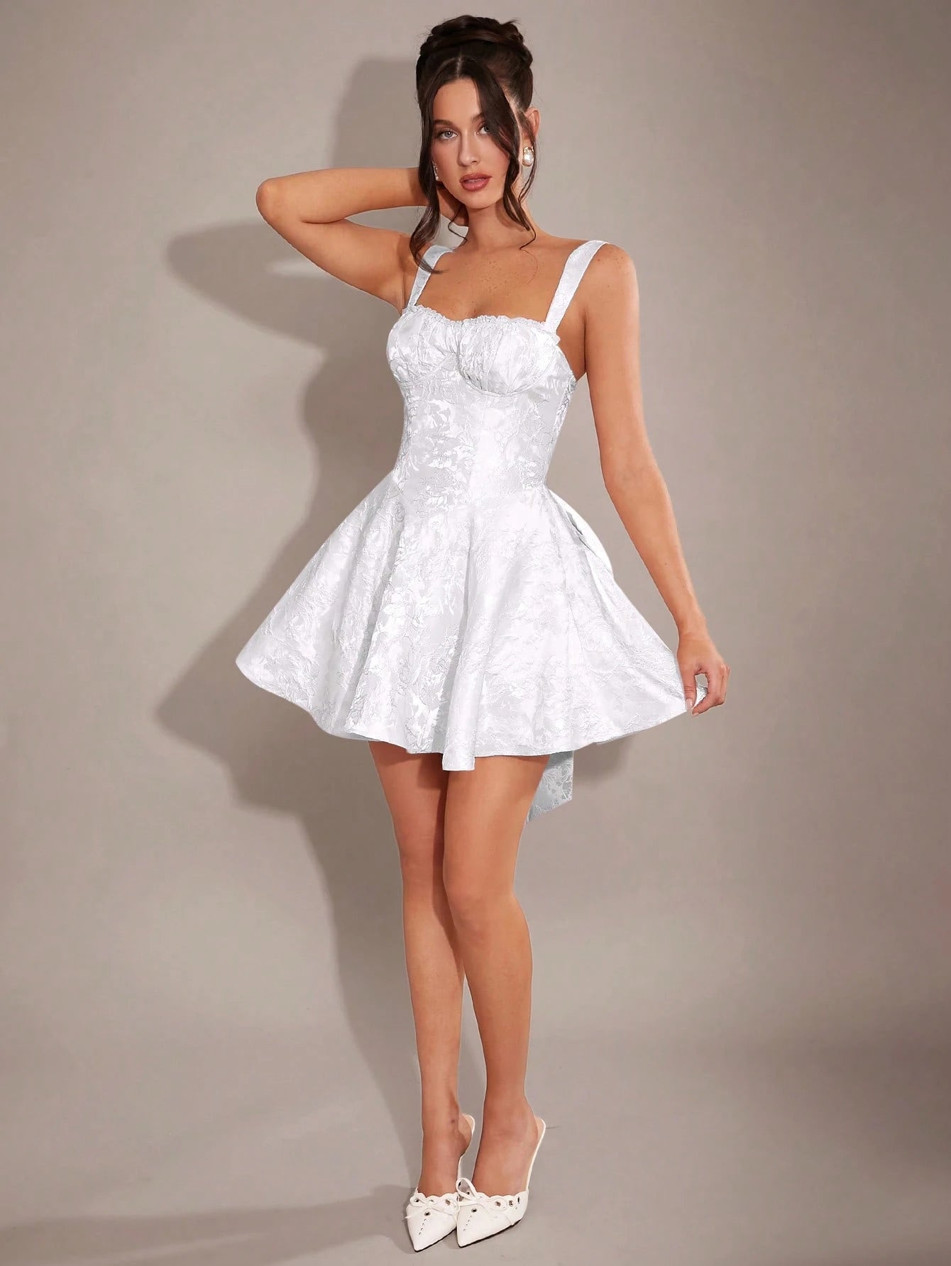 BAE Elegant Sweet Romantic Ruffled Lace Bow Decor Bodycon Skater Dress, Princess Dress, Valentine'S Day Dress, Party Dress, Date Night Dress, Bridesmaid Dress, Cocktail Dress, Work Dress, Pink Dress, Birthday Dress, Spring Autumn Winter Graduation Dresses for Women