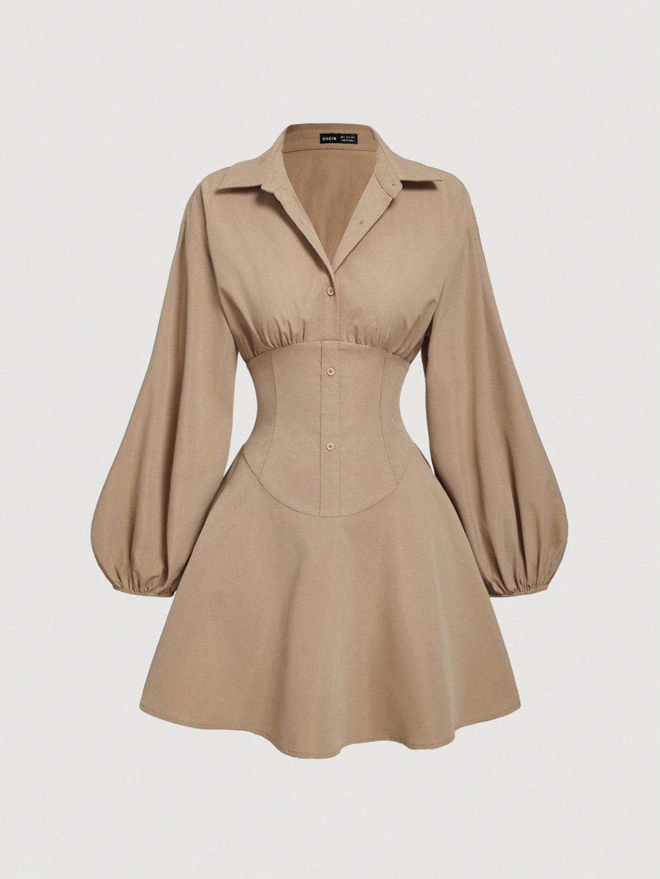 MOD Women'S Fitted Long Sleeve Khaki Shirt Dress with Puff Sleeves,Oversized Women Shirt,Button up Women Shirt,Shirt Dress