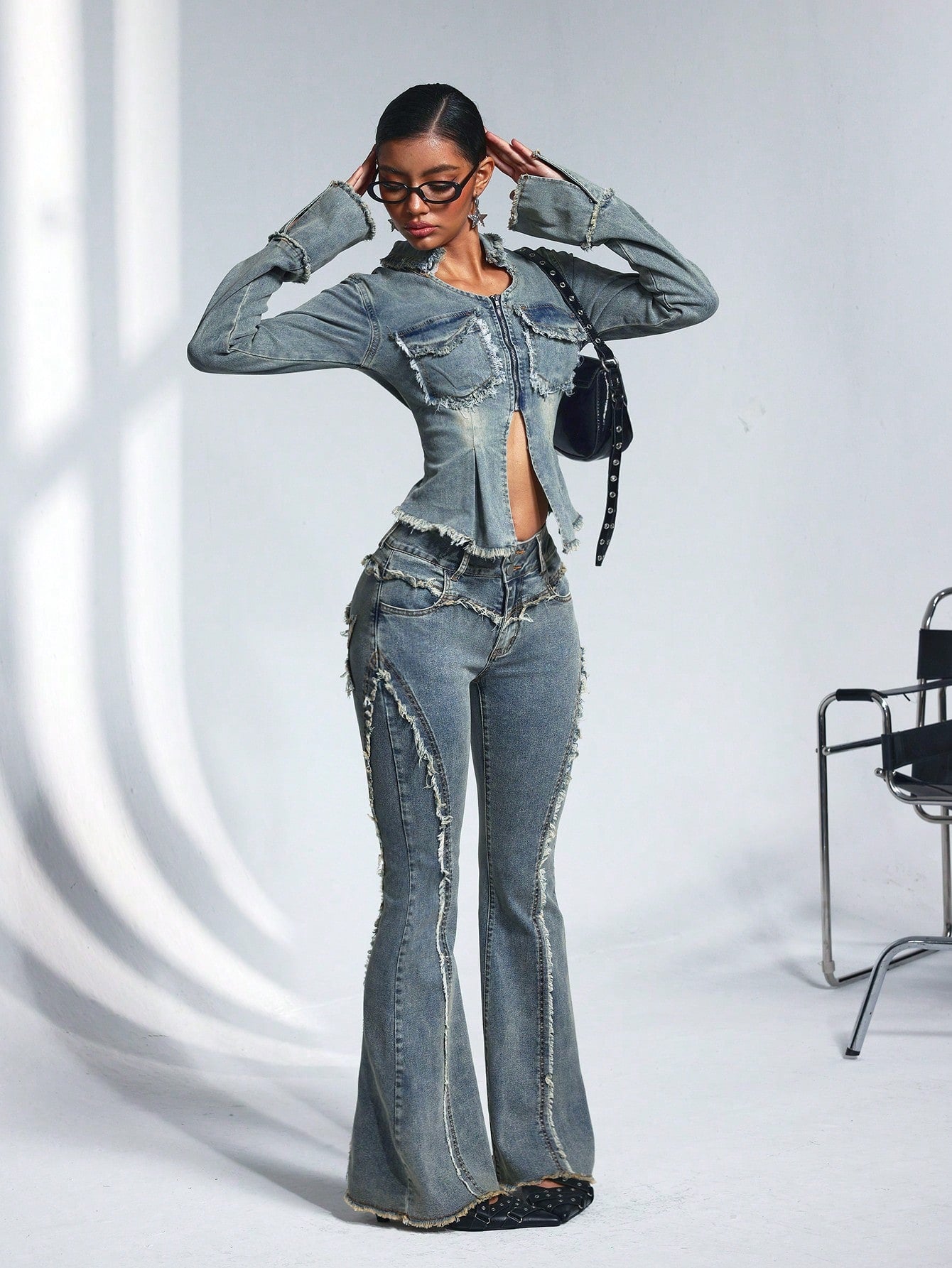 Casual denim Washed Frayed Edge Fitted Flared Jeans
