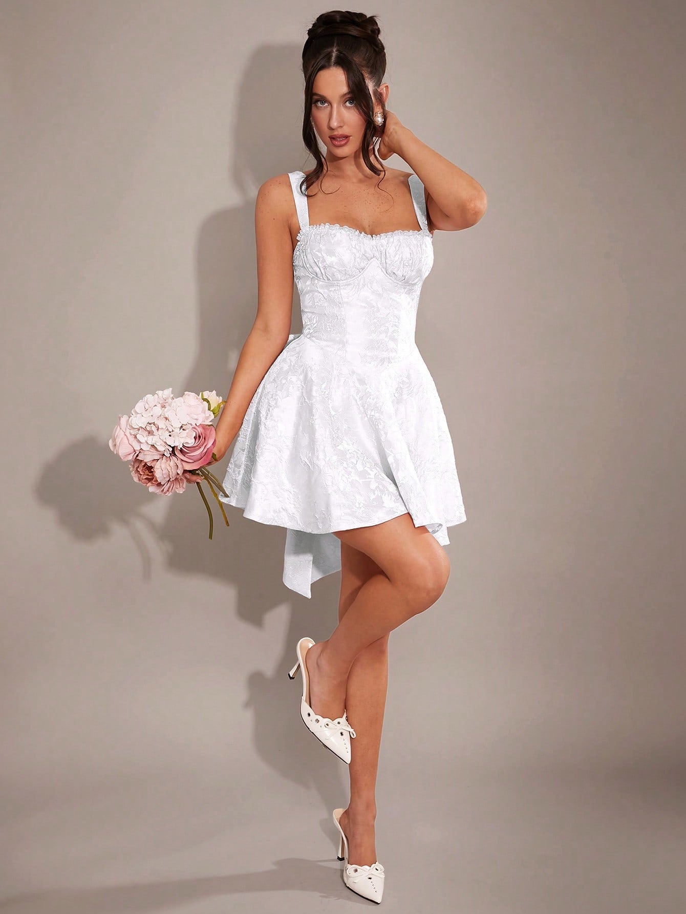 BAE Elegant Sweet Romantic Ruffled Lace Bow Decor Bodycon Skater Dress, Princess Dress, Valentine'S Day Dress, Party Dress, Date Night Dress, Bridesmaid Dress, Cocktail Dress, Work Dress, Pink Dress, Birthday Dress, Spring Autumn Winter Graduation Dresses for Women