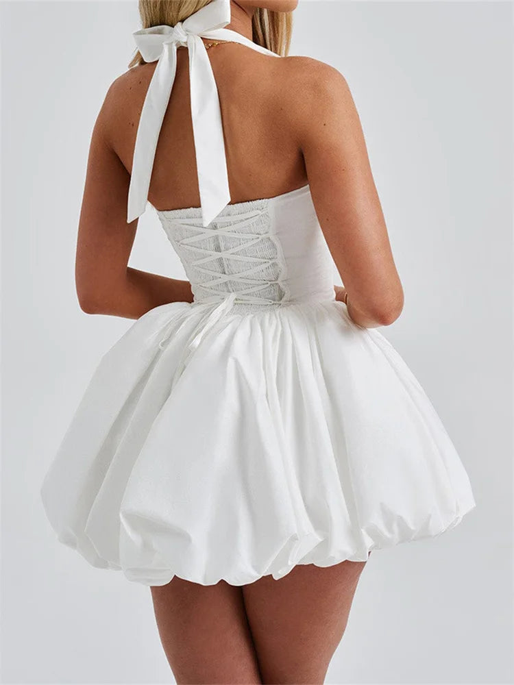 Women Halter Dress Summer Tie up Sleeveless Backless Corset Bubble Dress for Party Evening Club Streetwear