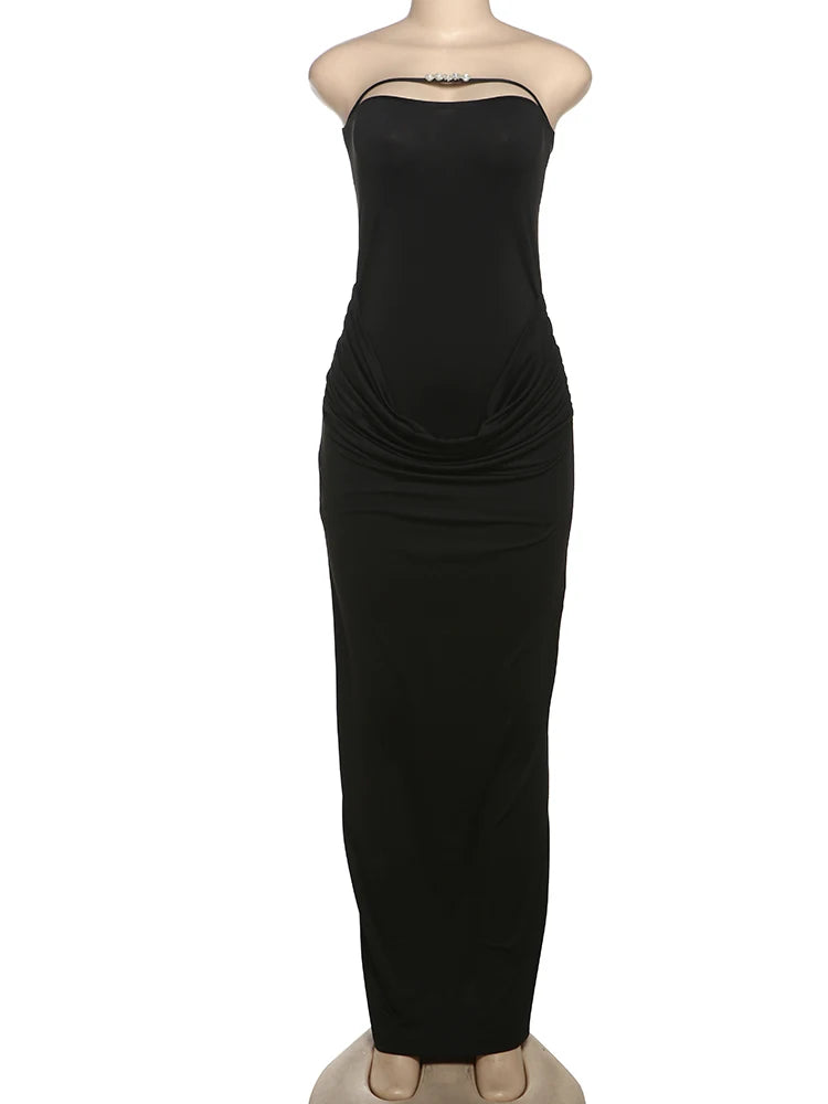Skinny Applique Strapless Dress Women 2025 Summer New Trend Backless Slits Robe Midnight Sexy Club Fit Party Long Bodycon