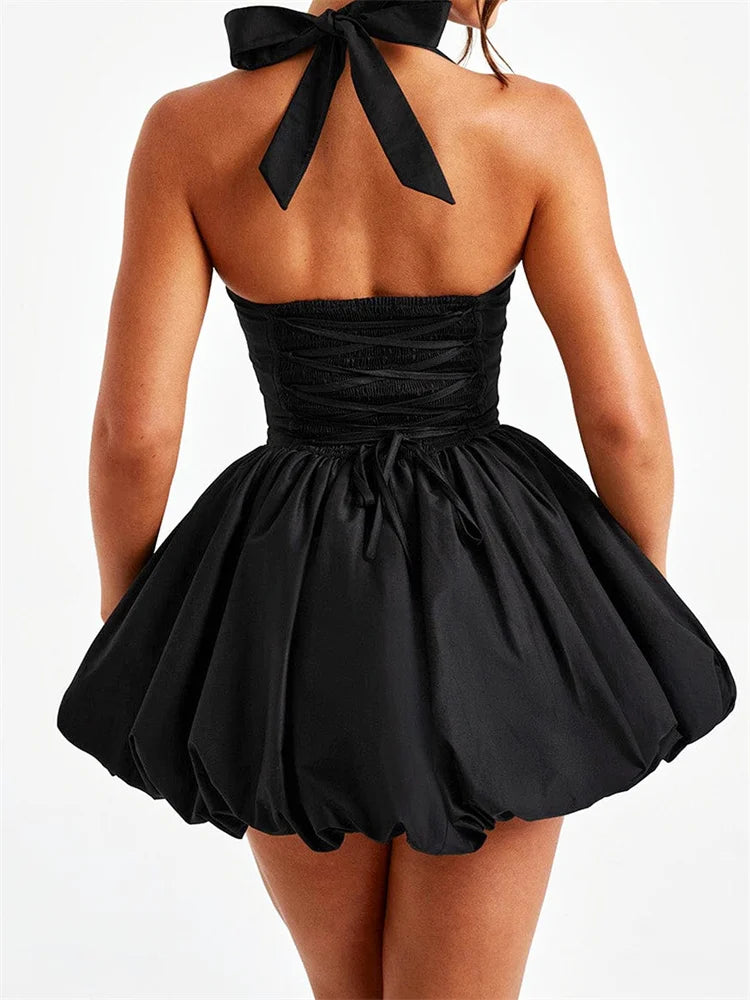 Women Halter Dress Summer Tie up Sleeveless Backless Corset Bubble Dress for Party Evening Club Streetwear
