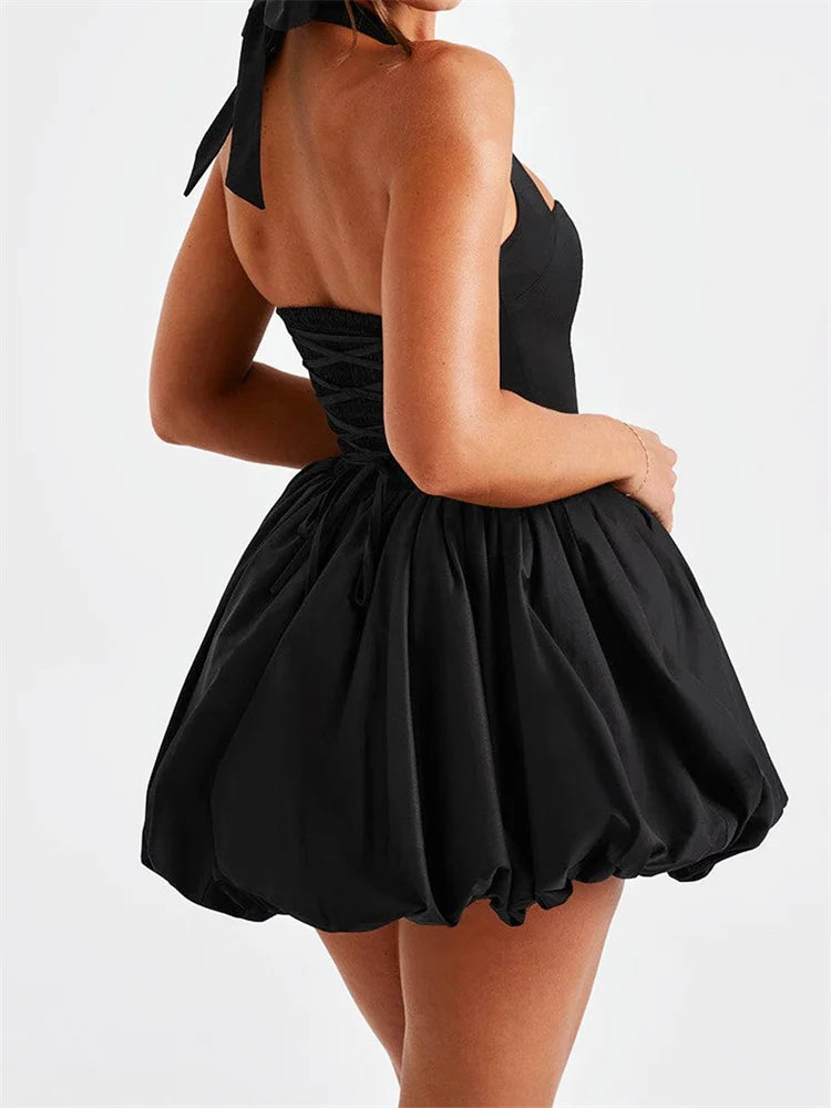 Women Halter Dress Summer Tie up Sleeveless Backless Corset Bubble Dress for Party Evening Club Streetwear