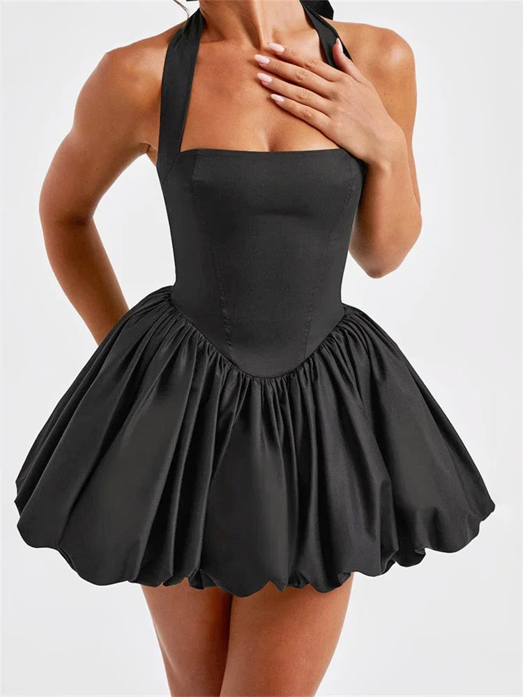 Women Halter Dress Summer Tie up Sleeveless Backless Corset Bubble Dress for Party Evening Club Streetwear