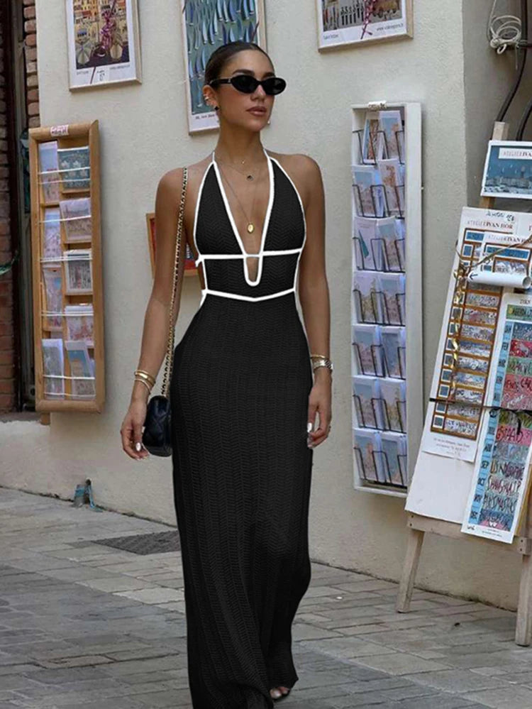 Sexy Elegant Halter Dress Women Summer Backless Lace-Up Color-Block Sleeveless Trendy Nightclub Wild Fashion Clothing
