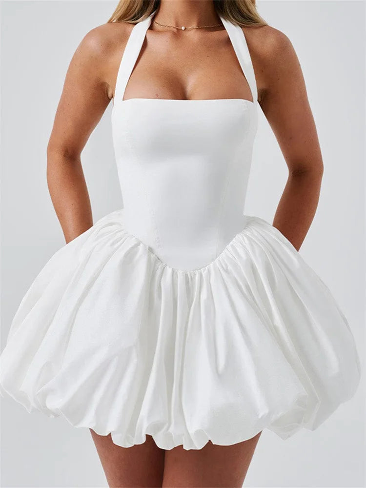 Women Halter Dress Summer Tie up Sleeveless Backless Corset Bubble Dress for Party Evening Club Streetwear