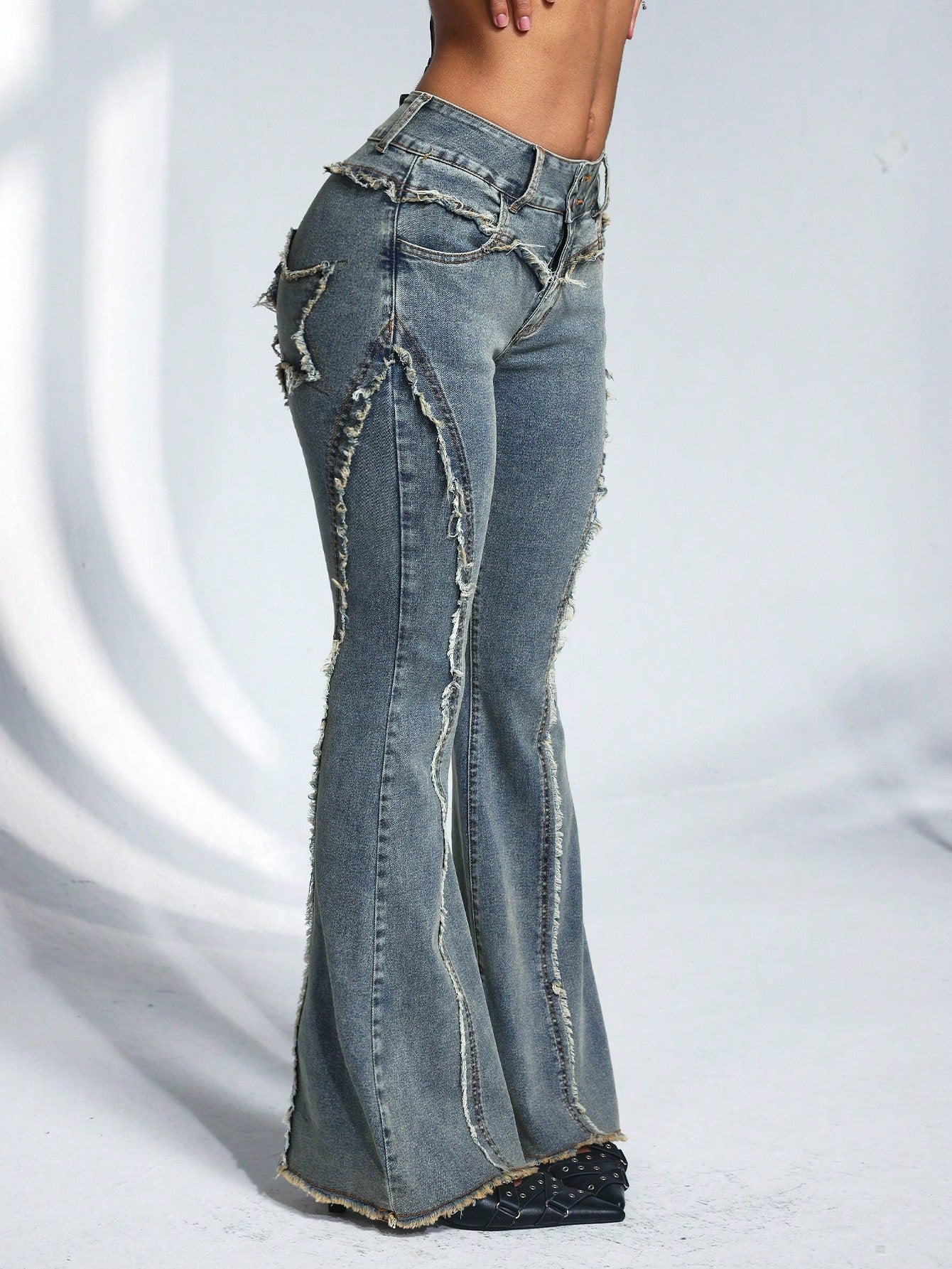 Casual denim Washed Frayed Edge Fitted Flared Jeans