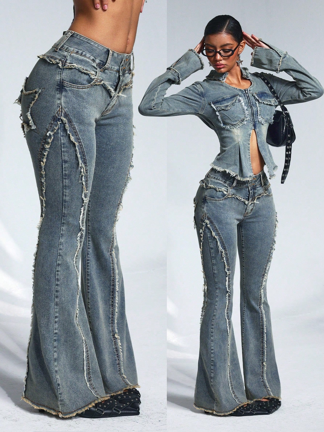 Casual denim Washed Frayed Edge Fitted Flared Jeans