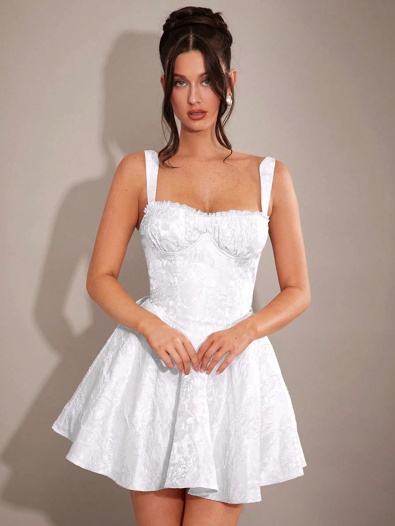 BAE Elegant Sweet Romantic Ruffled Lace Bow Decor Bodycon Skater Dress, Princess Dress, Valentine'S Day Dress, Party Dress, Date Night Dress, Bridesmaid Dress, Cocktail Dress, Work Dress, Pink Dress, Birthday Dress, Spring Autumn Winter Graduation Dresses for Women