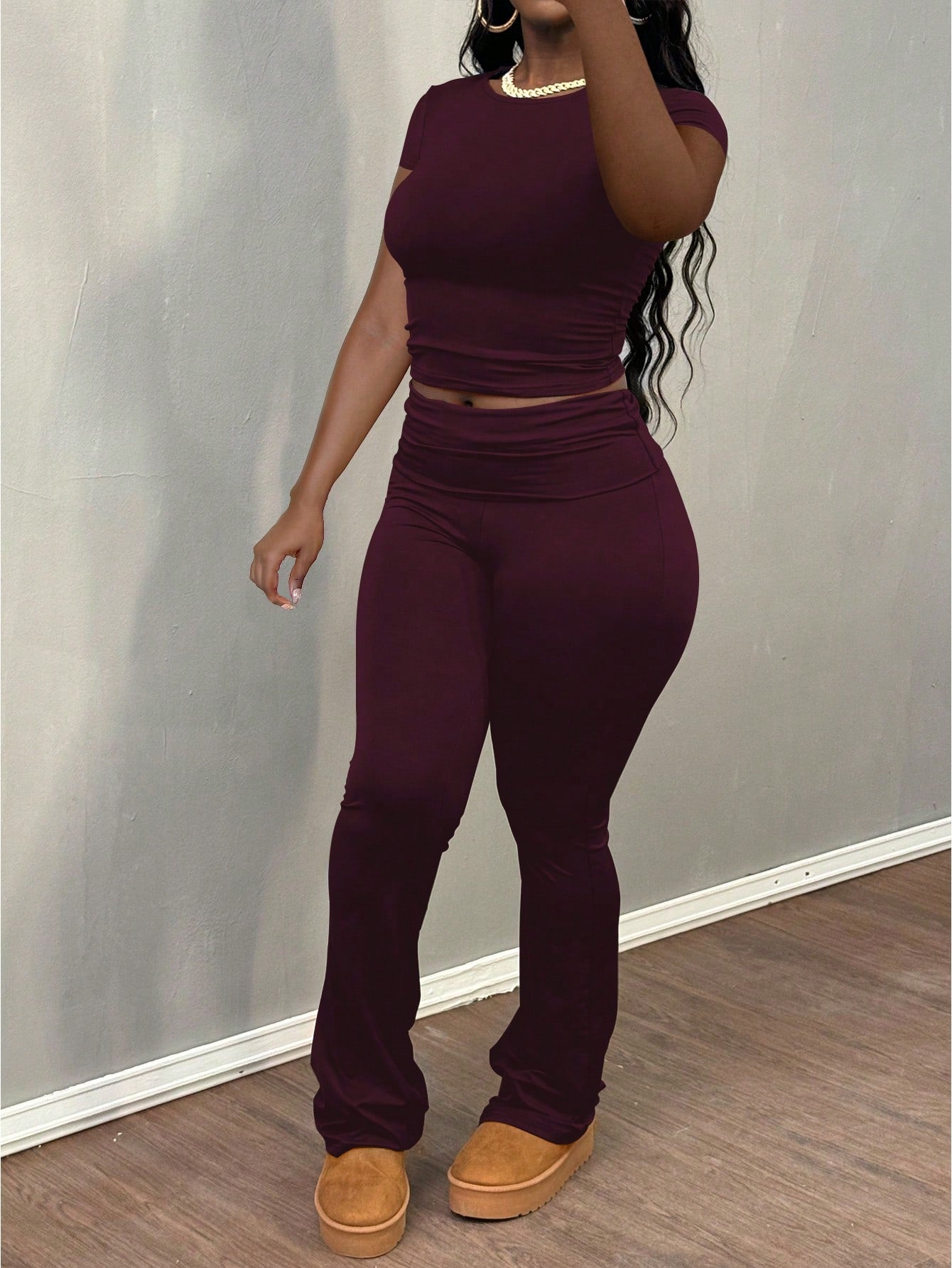 2Pcs/Set Women Casual Solid Color Short Sleeve T-Shirt and Fold over Waist Pants Suit