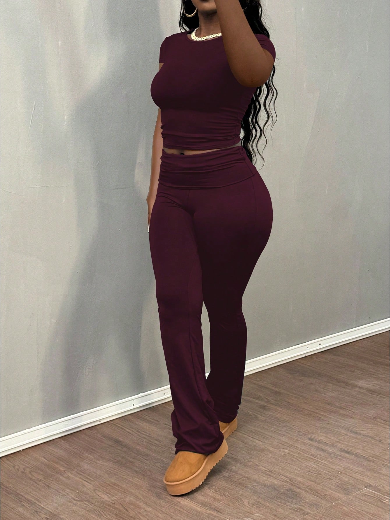 2Pcs/Set Women Casual Solid Color Short Sleeve T-Shirt and Fold over Waist Pants Suit