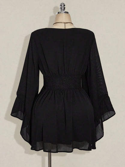 ICON plus Size V-Neck Ruched Waist A-Line Flare Sleeve Dress, Boho Hippie Y2K Style, Suitable for Summer, Nomadic Vibe, Summer Vacation, Music Festival, Graduation Season Back to School Clothes,Flowy Dress