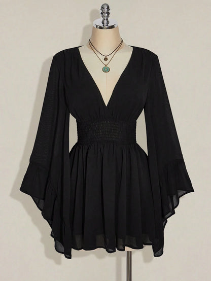 ICON plus Size V-Neck Ruched Waist A-Line Flare Sleeve Dress, Boho Hippie Y2K Style, Suitable for Summer, Nomadic Vibe, Summer Vacation, Music Festival, Graduation Season Back to School Clothes,Flowy Dress