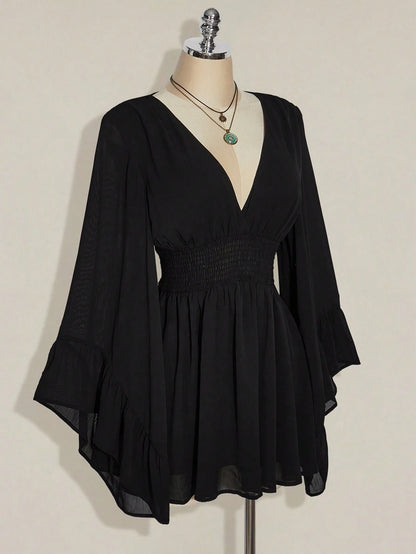 ICON plus Size V-Neck Ruched Waist A-Line Flare Sleeve Dress, Boho Hippie Y2K Style, Suitable for Summer, Nomadic Vibe, Summer Vacation, Music Festival, Graduation Season Back to School Clothes,Flowy Dress