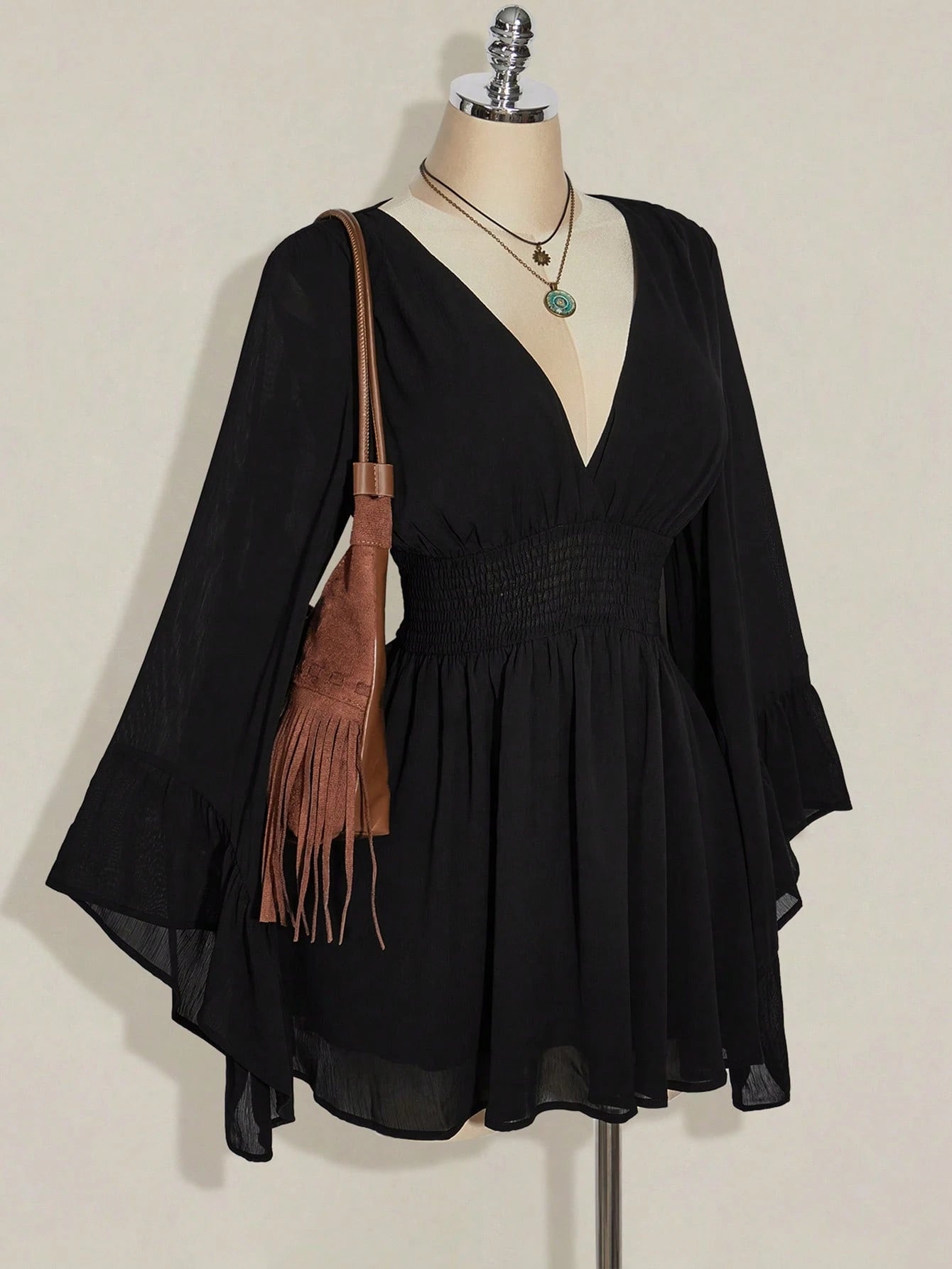 ICON plus Size V-Neck Ruched Waist A-Line Flare Sleeve Dress, Boho Hippie Y2K Style, Suitable for Summer, Nomadic Vibe, Summer Vacation, Music Festival, Graduation Season Back to School Clothes,Flowy Dress