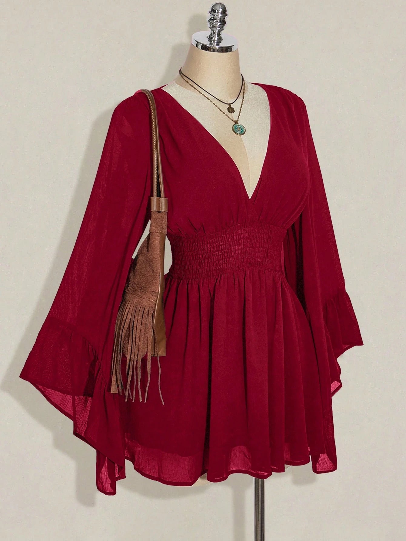 ICON plus Size V-Neck Ruched Waist A-Line Flare Sleeve Dress, Boho Hippie Y2K Style, Suitable for Summer, Nomadic Vibe, Summer Vacation, Music Festival, Graduation Season Back to School Clothes,Flowy Dress