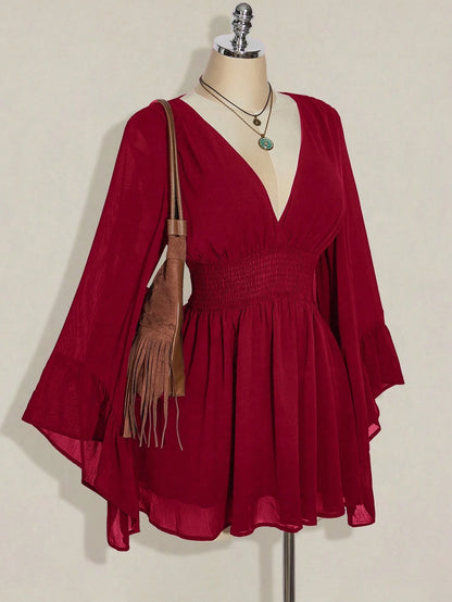 ICON plus Size V-Neck Ruched Waist A-Line Flare Sleeve Dress, Boho Hippie Y2K Style, Suitable for Summer, Nomadic Vibe, Summer Vacation, Music Festival, Graduation Season Back to School Clothes,Flowy Dress