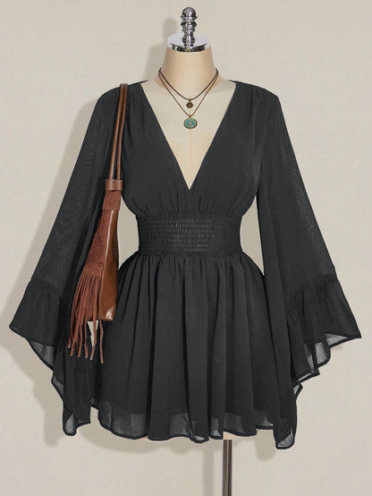 ICON plus Size V-Neck Ruched Waist A-Line Flare Sleeve Dress, Boho Hippie Y2K Style, Suitable for Summer, Nomadic Vibe, Summer Vacation, Music Festival, Graduation Season Back to School Clothes,Flowy Dress