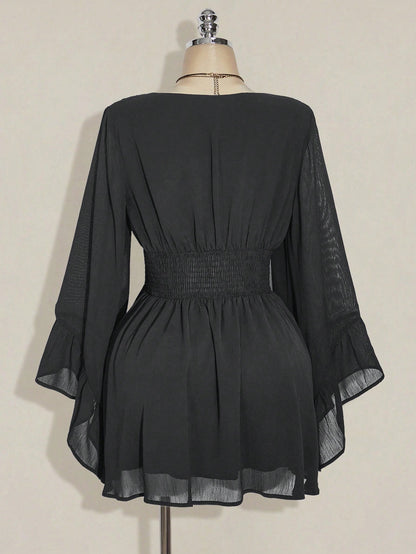 ICON plus Size V-Neck Ruched Waist A-Line Flare Sleeve Dress, Boho Hippie Y2K Style, Suitable for Summer, Nomadic Vibe, Summer Vacation, Music Festival, Graduation Season Back to School Clothes,Flowy Dress