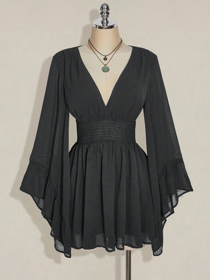 ICON plus Size V-Neck Ruched Waist A-Line Flare Sleeve Dress, Boho Hippie Y2K Style, Suitable for Summer, Nomadic Vibe, Summer Vacation, Music Festival, Graduation Season Back to School Clothes,Flowy Dress