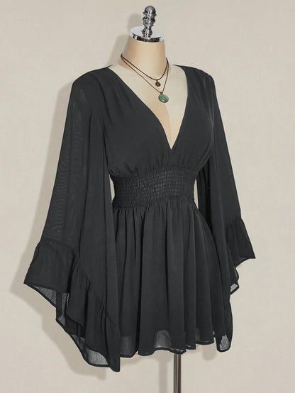 ICON plus Size V-Neck Ruched Waist A-Line Flare Sleeve Dress, Boho Hippie Y2K Style, Suitable for Summer, Nomadic Vibe, Summer Vacation, Music Festival, Graduation Season Back to School Clothes,Flowy Dress