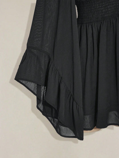 ICON plus Size V-Neck Ruched Waist A-Line Flare Sleeve Dress, Boho Hippie Y2K Style, Suitable for Summer, Nomadic Vibe, Summer Vacation, Music Festival, Graduation Season Back to School Clothes,Flowy Dress