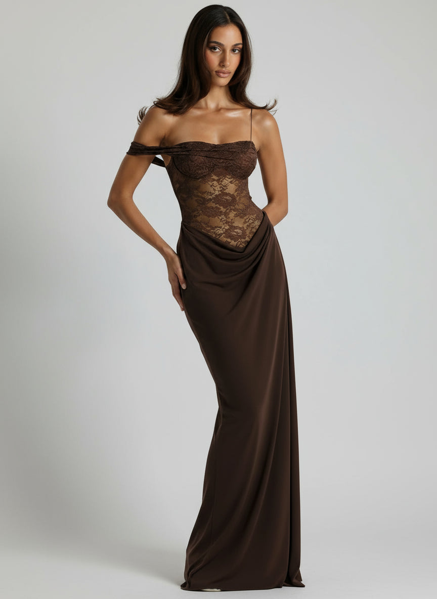 One Shoulder Lace See through Sexy Maxi Dress Women Gown Fashion Off-Shoulder Sleeveless Backless Club Long Dresses
