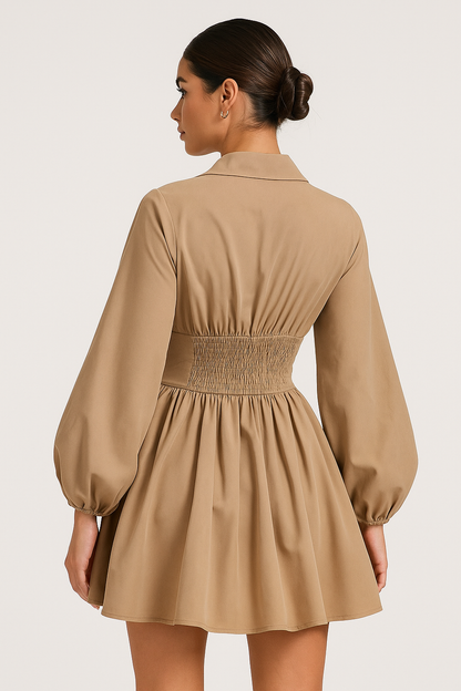 Khaki Puff Sleeve Shirt Dress