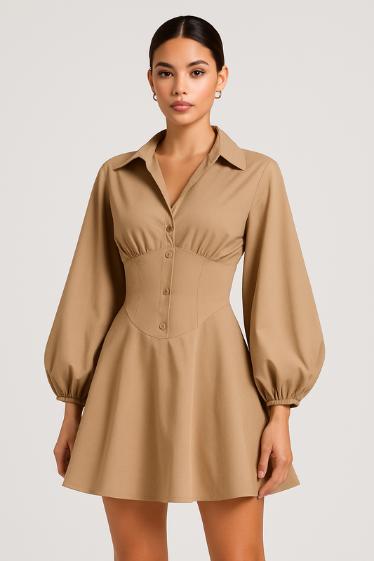 Khaki Puff Sleeve Shirt Dress