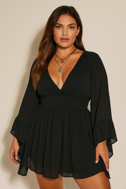 ICON plus Size V-Neck Ruched Waist A-Line Flare Sleeve Dress, Boho Hippie Y2K Style, Suitable for Summer, Nomadic Vibe, Summer Vacation, Music Festival, Graduation Season Back to School Clothes,Flowy Dress
