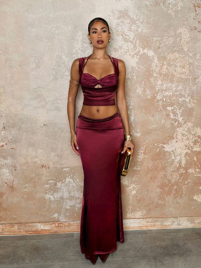 BAE 2Pcs/Set Women Solid Hollow Out Cropped Tank Top and Extra Long Mermaid Skirt Set
